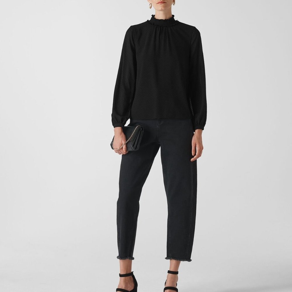 Whistles Women's Smock Neck Black Dobby Top Blouse Size 12